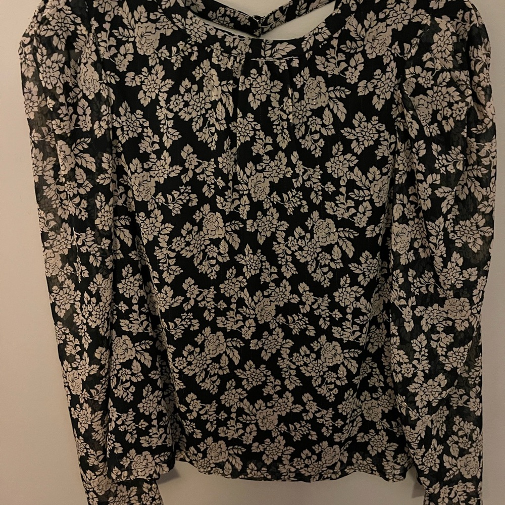 CeCe Women’s Blouse Floral Size L Black/White/Gold